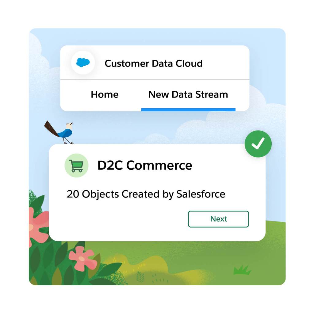 Pestaña de Customer Data Cloud con las opciones Inicio y Nuevo flujo de datos. Debajo aparece la pestaña Comercio D2C con el mensaje "20 objetos creados por Salesforce".