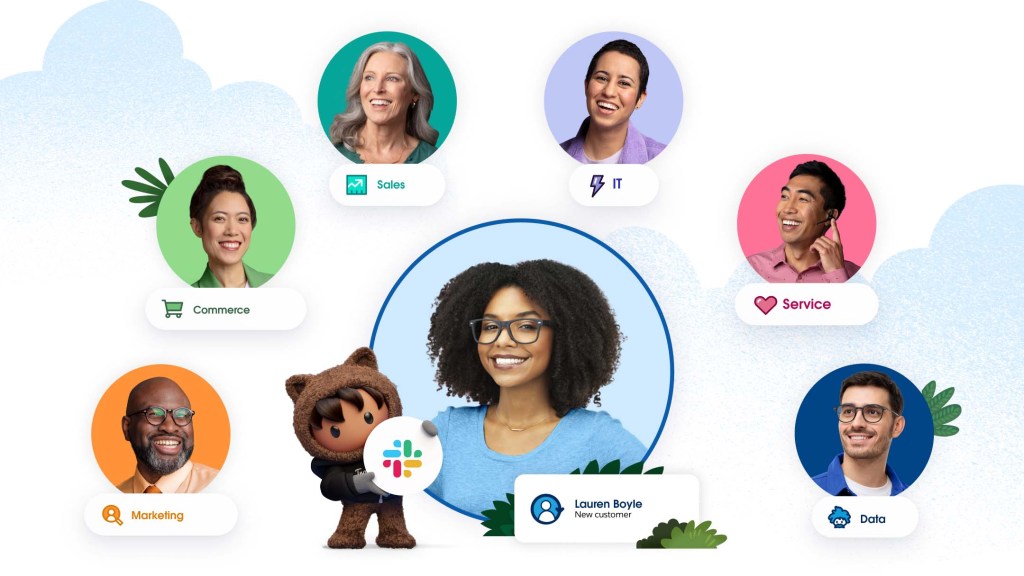 Una nueva clienta, rodeada de miembros de todos los equipos, que pueden usar las herramientas de Salesforce para hacer más por los clientes.
