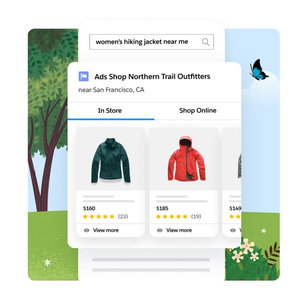 Barra de búsqueda con el texto "chaqueta de senderismo de mujer cerca de mí" encima de la pantalla Ads Shop Northern Trail Outfitters. En la tienda hay disponibles dos chaquetas con dos estilos diferentes.