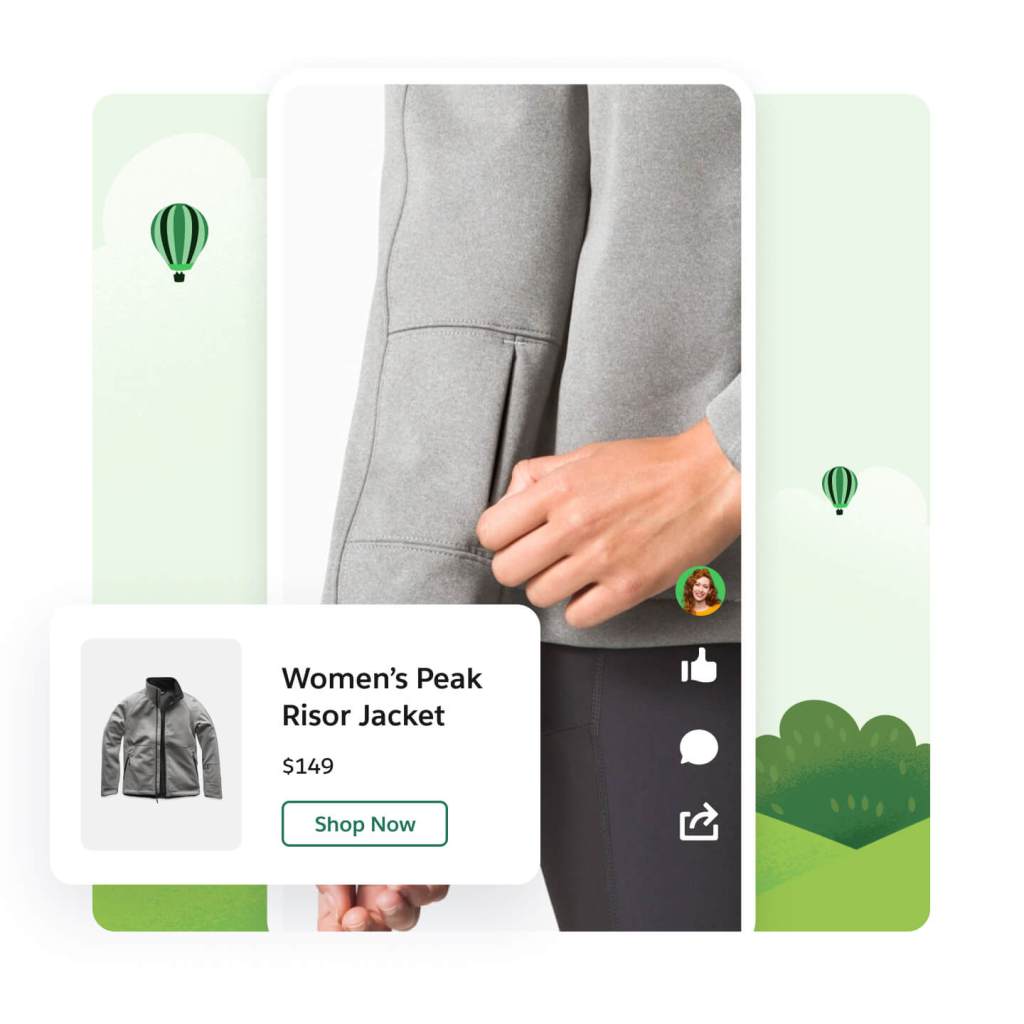Chaqueta gris en una pantalla de TikTok. En una ventana aparece el nombre del producto (Chaqueta Peak Risor para mujer), el precio (149 $) y el botón Comprar ahora.