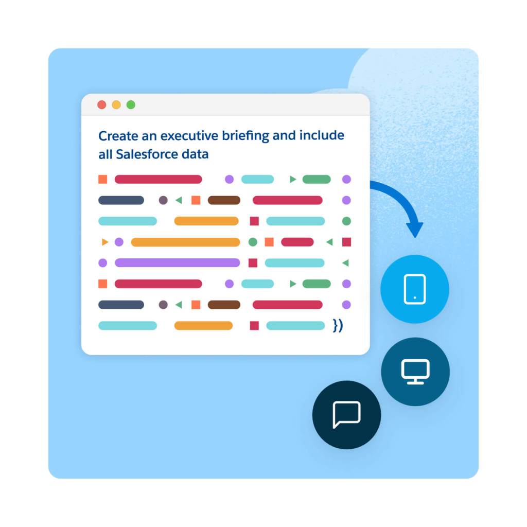 Une fenêtre d'application affiche une requête pour créer un rapport de synthèse incluant les données de Salesforce