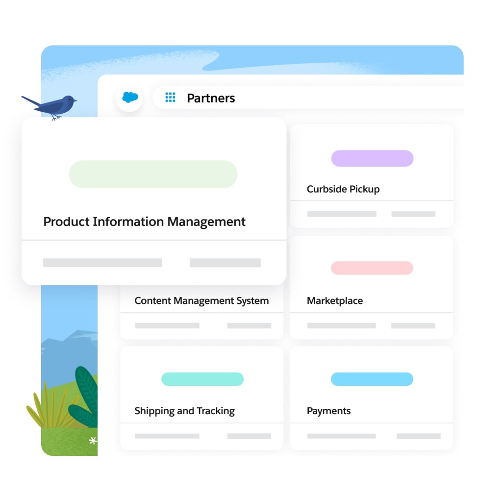 Tableau de bord Salesforce et barre de recherche comprenant le mot :« Partenaires ». Une tuile de gestion des informations sur les produits s'affiche.
