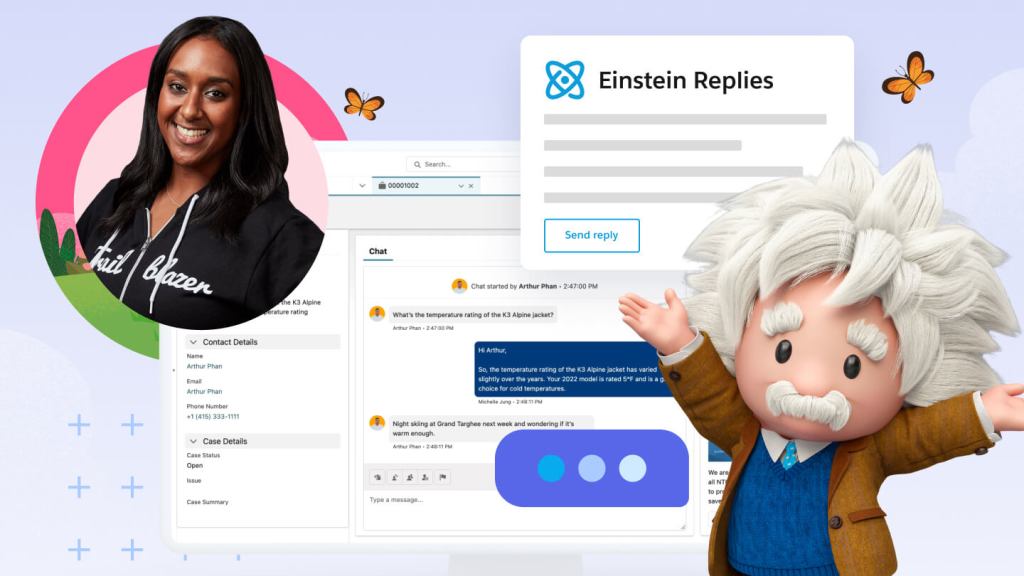 La mascotte di Salesforce Einstein e la foto mezzobusto di una Trailblazer rappresentate attorno all'interfaccia di una soluzione Salesforce.