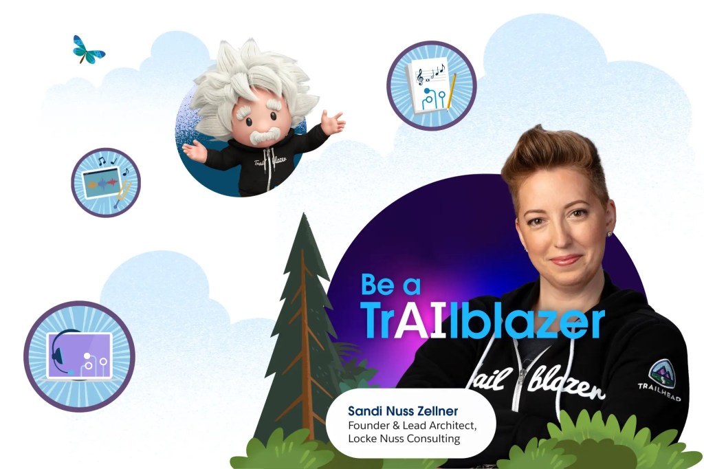  La frase "Diventa Trailblazer" di fronte al primo piano di una Trailblazer insieme a icone di Salesforce e al personaggio di Salesforce, Einstein. 