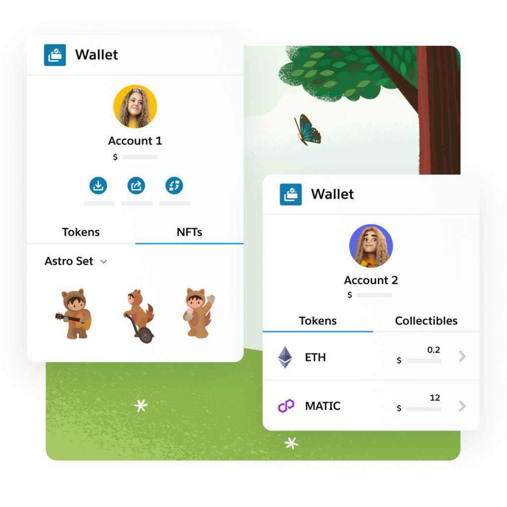 Due wallet Web3 con l'intestazione Account 1 e Account 2. Nell'Account 1 sono visualizzati Token e NFT, mentre il wallet dell'Account 2 contiene Token e Collectible.
