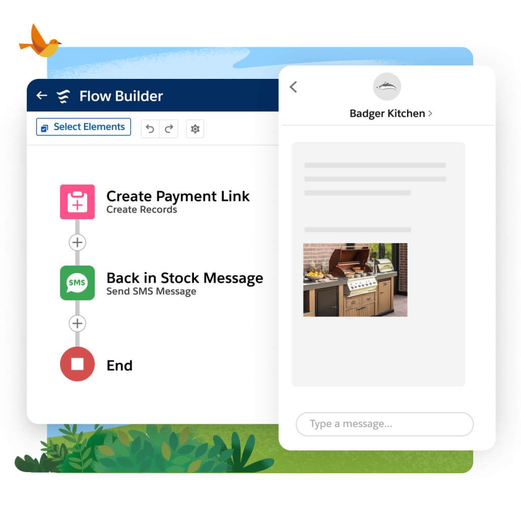 Nella schermata Flow Builder è visualizzato un workflow sulla sinistra: 'Crea link di pagamento + messaggio Nuovamente disponibile + fine'. Schermata di smartphone con il messaggio di testo "Nuovamente disponibile" sulla destra.