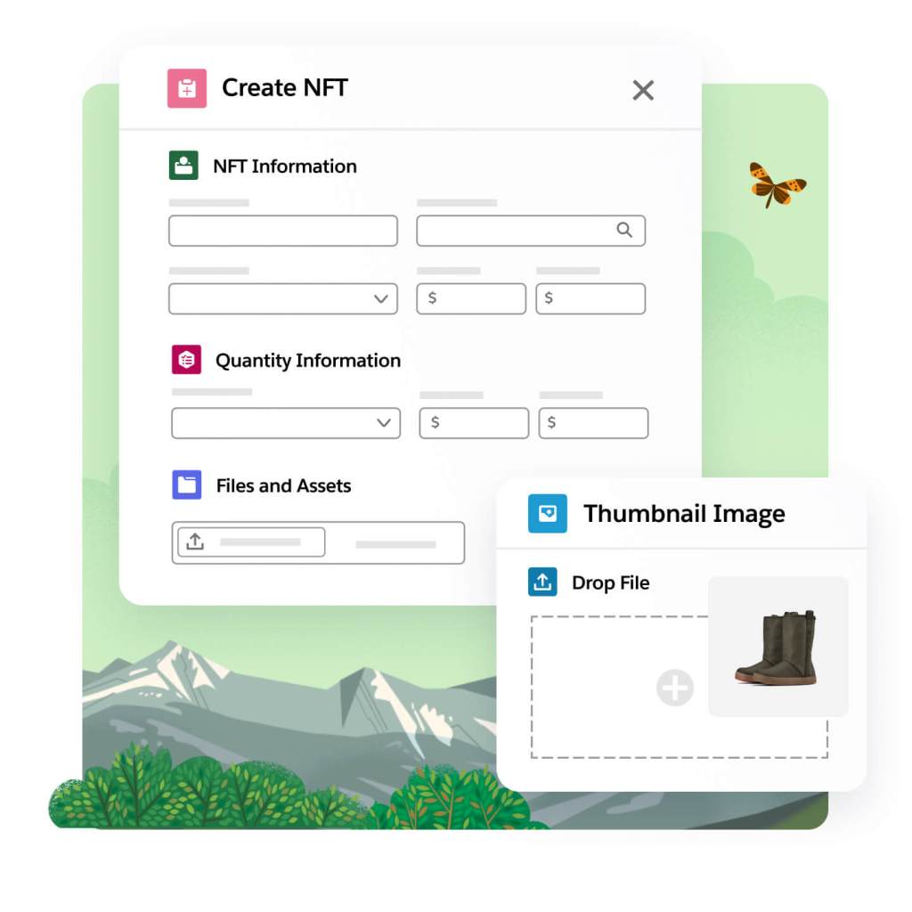 Crea un modello di smart contract per NFT con campi vuoti. Nella finestra pop-up 'Thumbnail image' si vede un cursore che trascina l'immagine di un paio di stivali e la rilascia nel campo 'Drop File'.