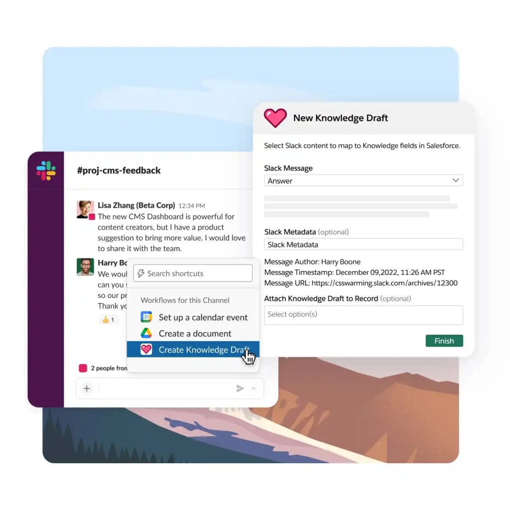 Finestre di Slack che mostrano le comunicazioni per assistere un cliente e il percorso di assistenza