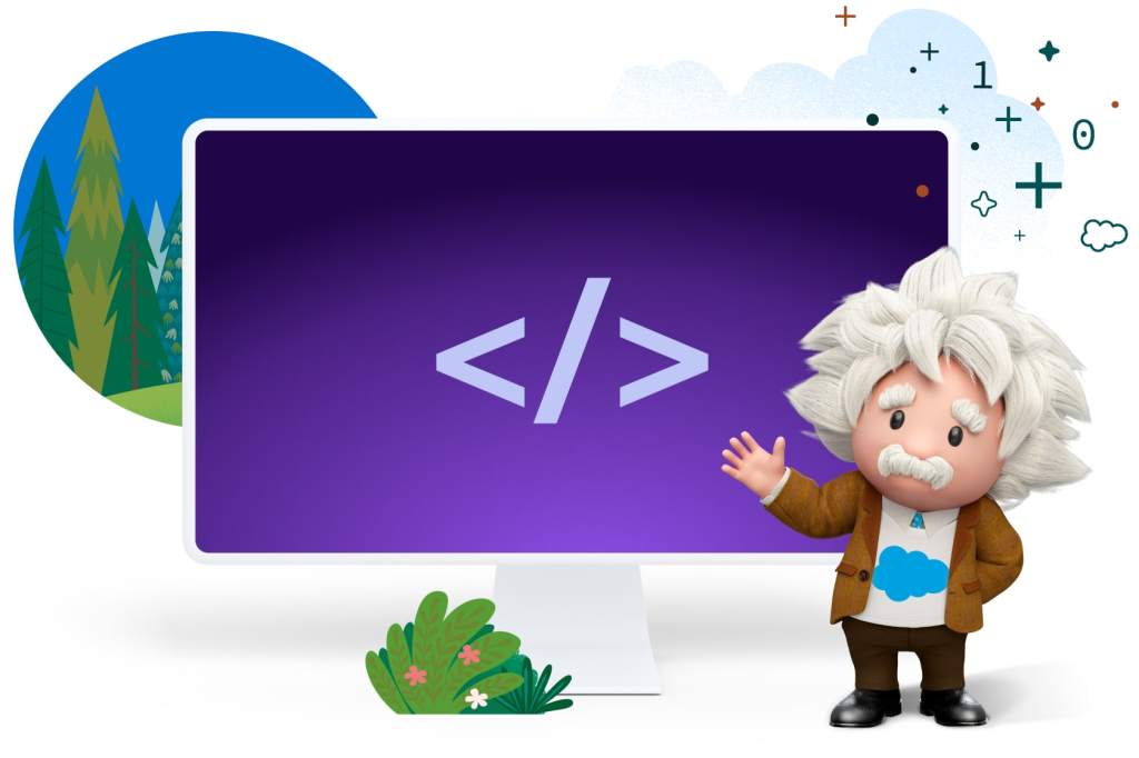 De Salesforce-figuur Einstein staat naast een beeldscherm met daarop bekende symbolen voor computercode.