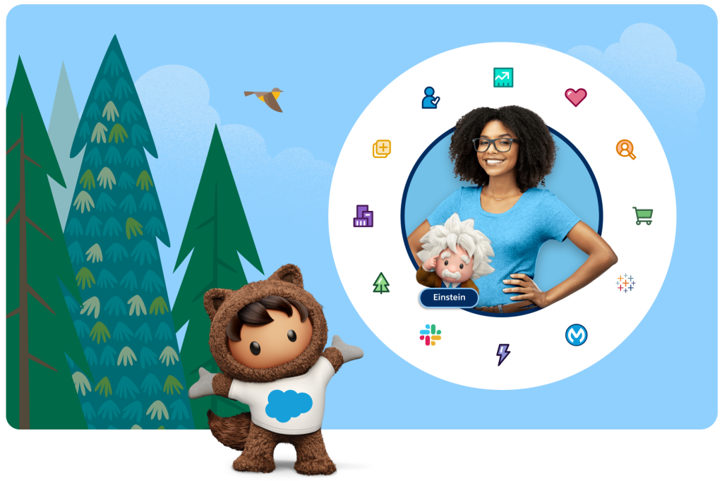 Astro, de mascotte van Salesforce, staat naast een afbeelding die alle functionaliteit van Customer 360 weergeeft.