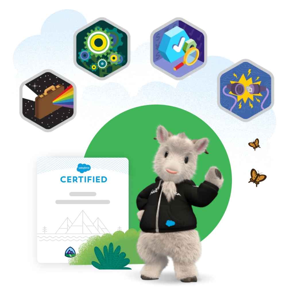 "Salesforce-personage Cloudy de geit met een gecertificeerd scherm en pictogrammen uit het Salesforce-ecosysteem.  "