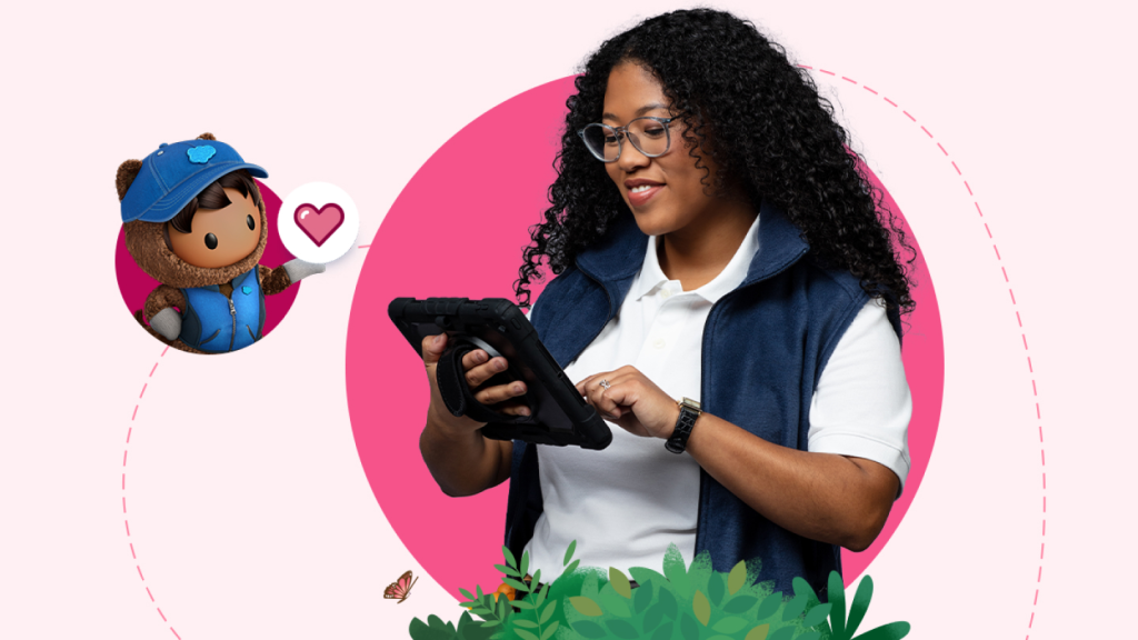 Astro met Service Cloud-logo en een vrouw die naar de tablet kijkt