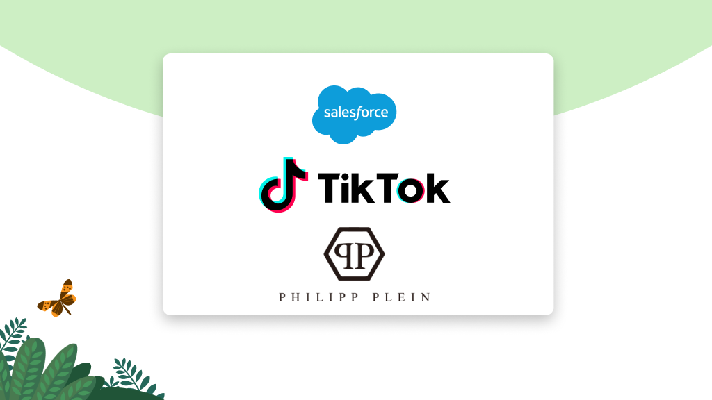 Salesforce-logo, TikTok-logo en Philipp Plein-logo op elkaar gestapeld.