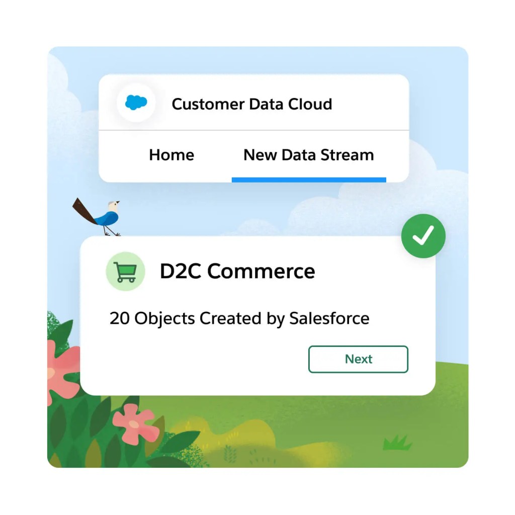 Tabblad van Customer Data Cloud met daarin de opties Home en New Data Stream. Eronder bevindt zich het tabblad D2C Commerce met daarin de tekst 20 Objects Created by Salesforce.