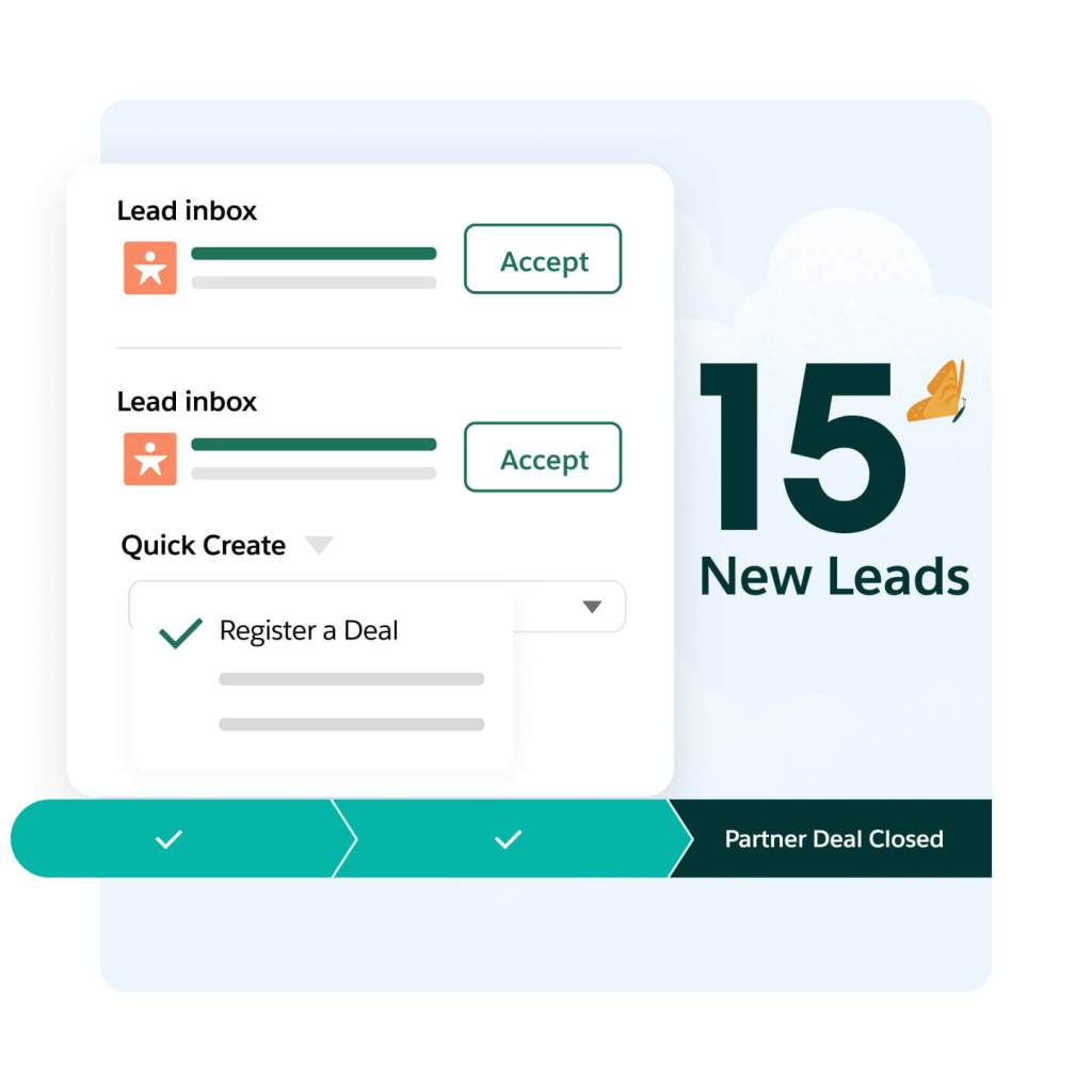 Um painel mostra novos leads com a opção de aceitar, o estágio atual do negócio e a quantidade de novos leads. 
