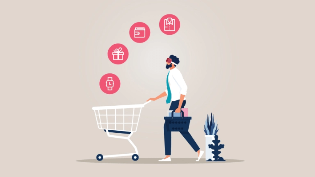 Figura de uma pessoa com um carrinho de compras usando um headset de realidade virtual. Os ícones acima do carrinho são um relógio de pulso, um presente, uma carteira e uma camiseta.