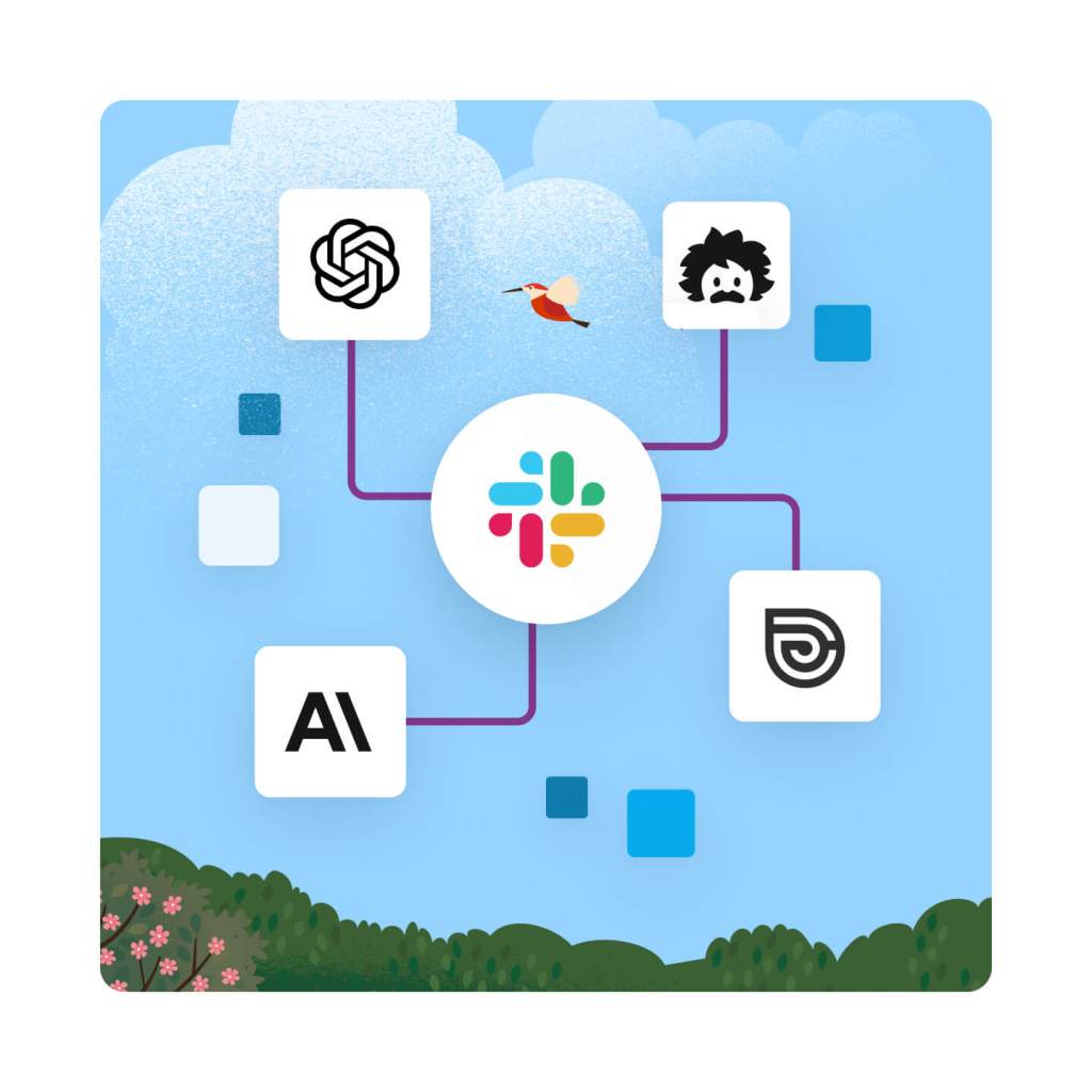 Logo do Slack, com logos de ferramentas de IA de terceiros em volta