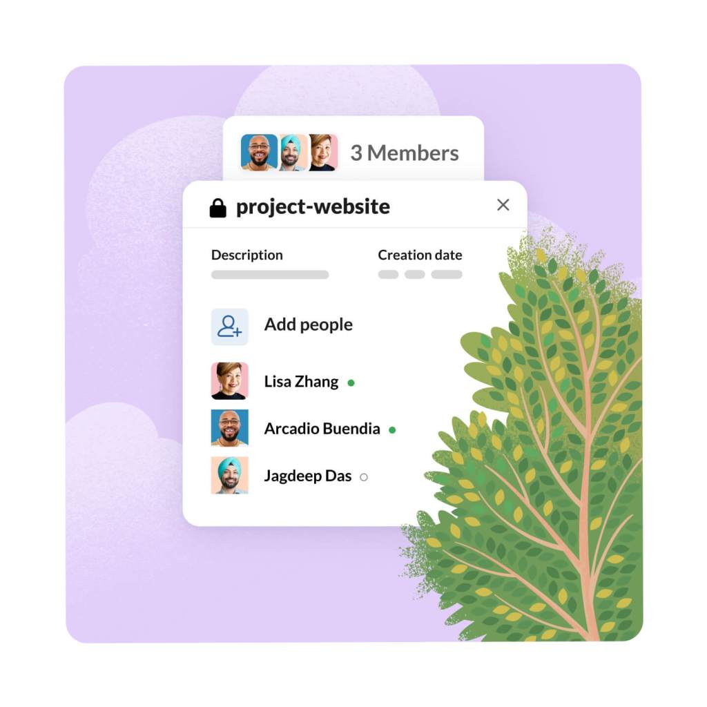 Canal de projeto privado na janela do aplicativo, mostrando nomes dos participantes da equipe