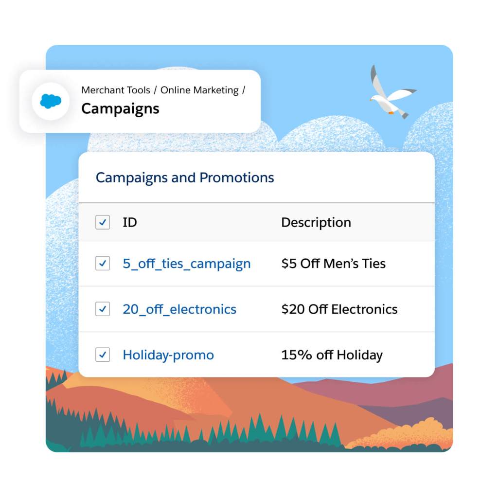 Janela Campanhas e promoções mostrando quatro nomes de campanhas em uma lista de verificação acompanhada de suas descrições. Todas as quatro caixas estão selecionadas.