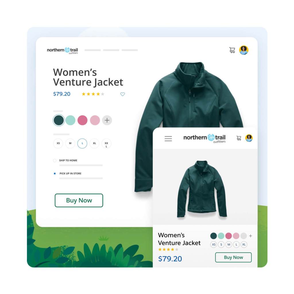 Captura de tela do site Northern Trail Outfitters, de uma jaqueta Venture feminina e de um botão verde Compre agora. A versão menor da página para dispositivos móveis é mostrada à direita.