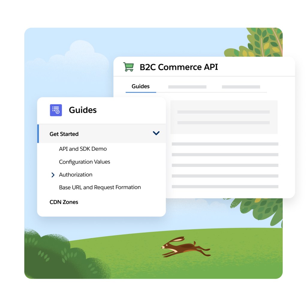 Tela de computador mostrando o Guia da Salesforce: Introdução à API B2C Commerce.