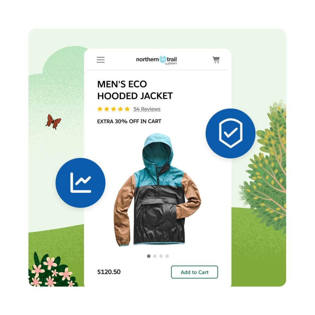 Site móvel da Northern Trail Outfitters mostrando a jaqueta masculina com capuz Eco. O texto diz "Desconto Extra De 30% No Carrinho". Círculos azuis sobre a imagem que contêm um ícone de escudo com uma marca de seleção e um ícone de gráfico linear positivo.
