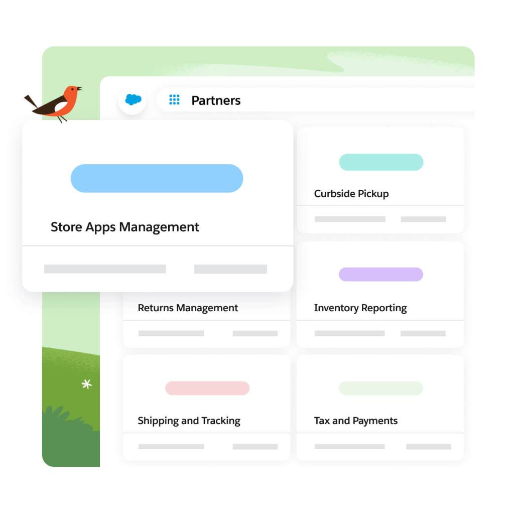 Dashboard do Salesforce com a palavra "Parceiros" escrita na barra de pesquisa. Seis blocos listados em verde. O primeiro tem o título "Gerenciamento de apps da loja". 