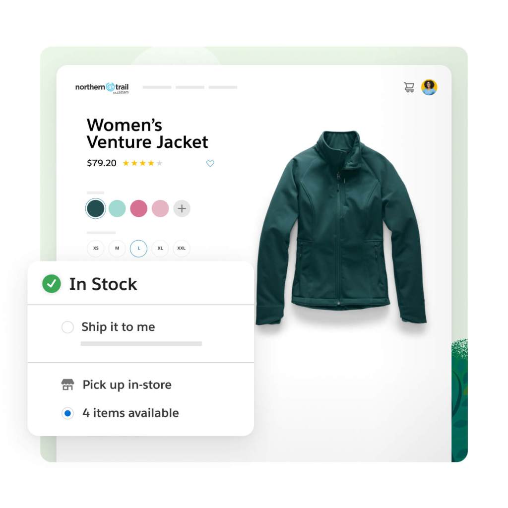 A tela inicial do site Northern Trail Outfitters mostra uma página de produtos com uma jaqueta Venture feminina, o preço e opções de cores. Uma janela pop-out mostra a mensagem "Em estoque" com uma marca de seleção verde ao lado. Abaixo, duas opções: "Enviar para mim" e "Retirar na loja", que está selecionada.