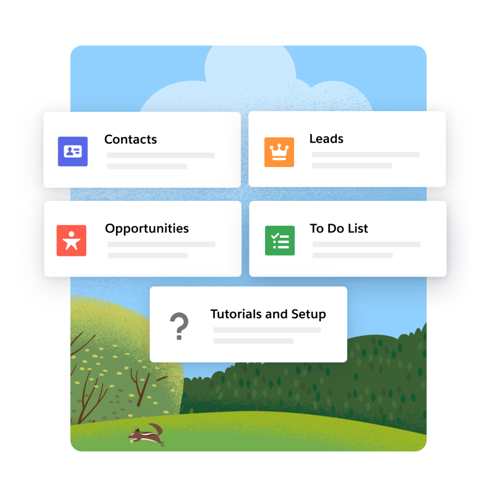 Uma tela mostra opções para visualizar contatos, leads, oportunidades, uma lista de tarefas, tutoriais e configuração.