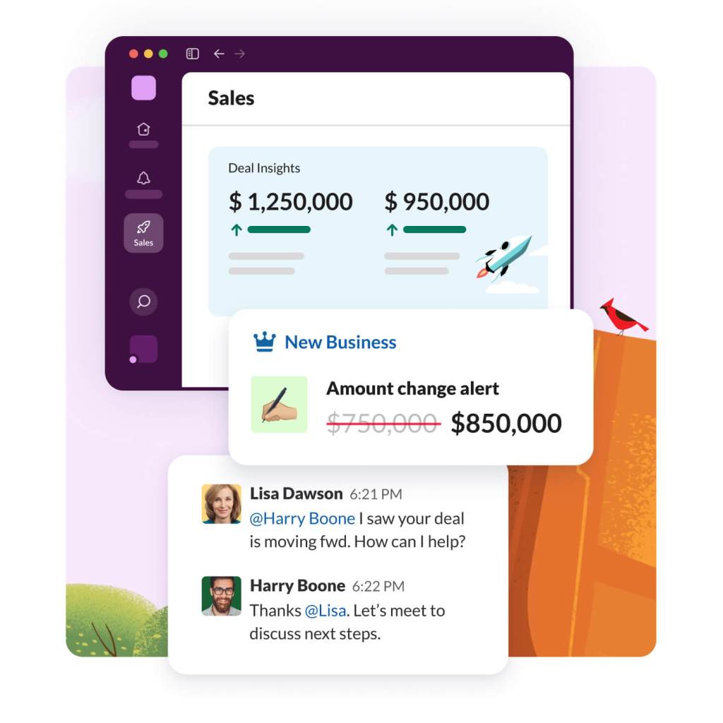 A interface do Slack exibe insights de vendas e alertas de novos negócios