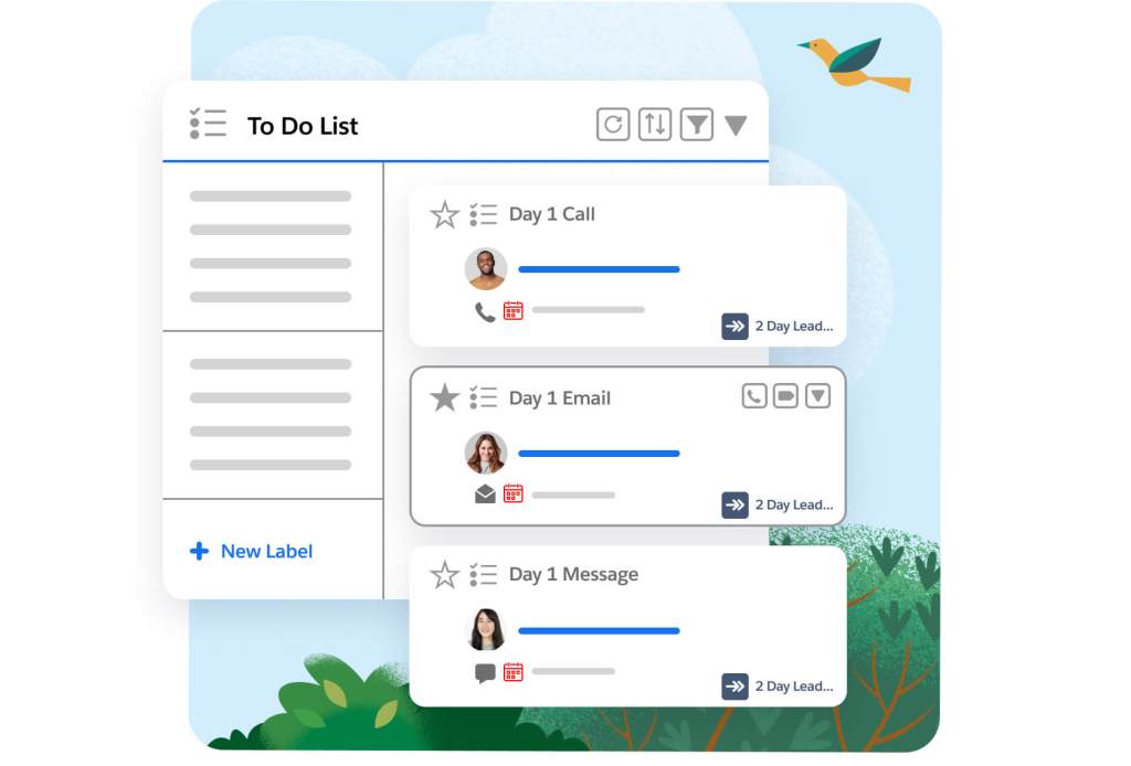 Dashboard com o acompanhamento de engajamento de emails, uma lista de tarefas para um lead específico e uma lista suspensa de opções do criador de modelos de email. 