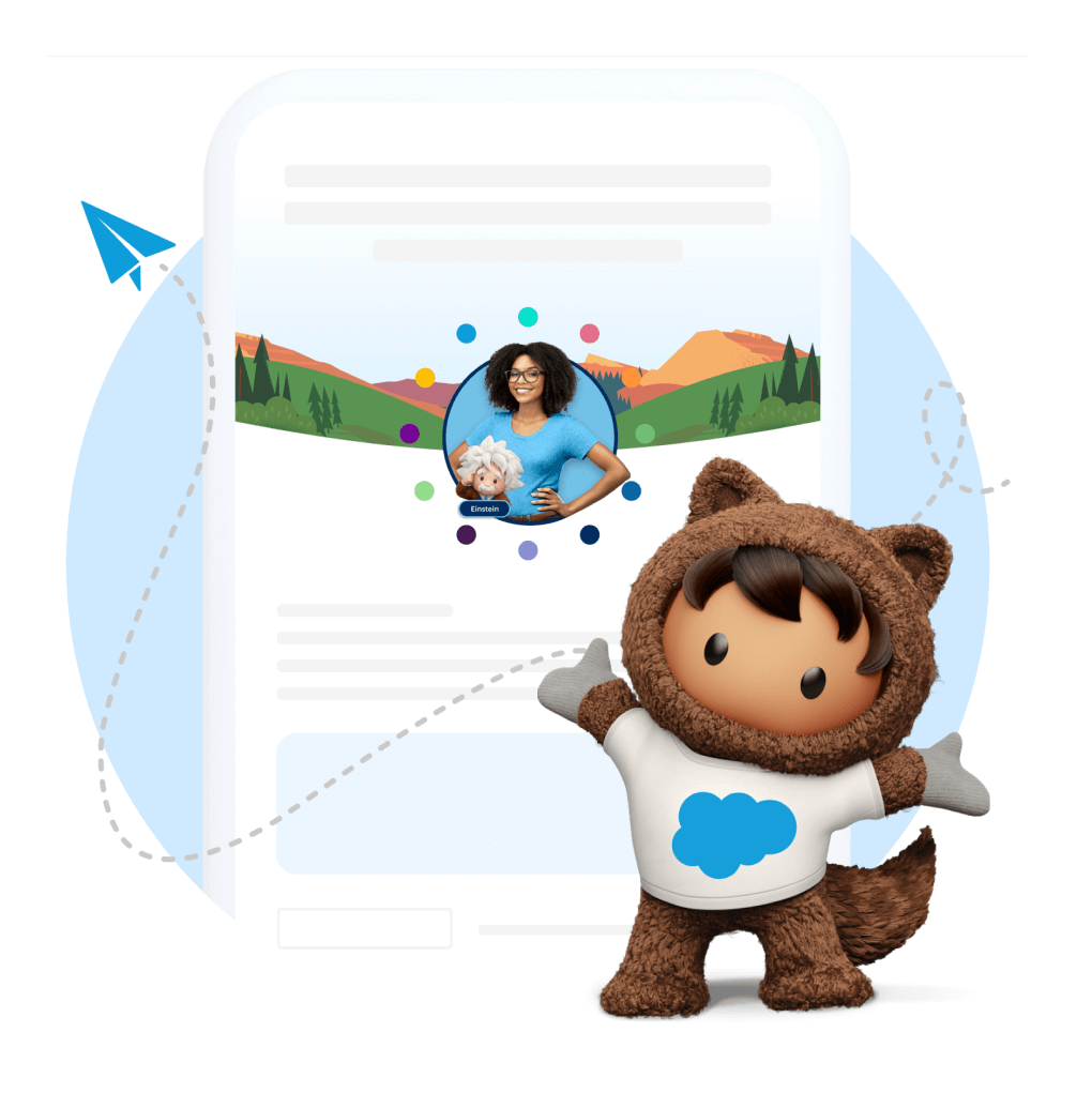 The Salesforce character, Astro, is gesturing to a newsletter that features a smiling team member.
