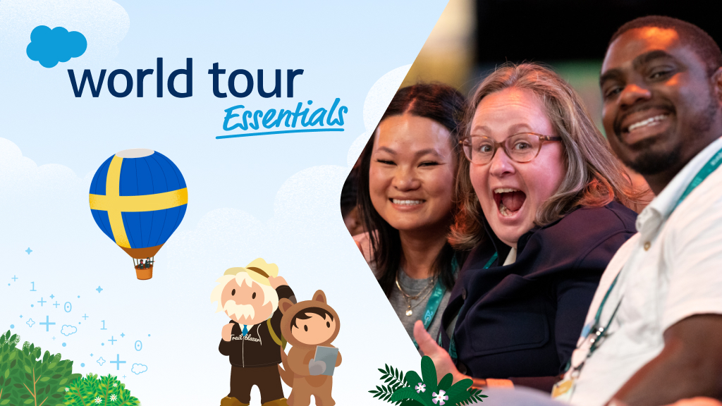 Tre personer ler i publiken på Salesforce World Tour Essentials